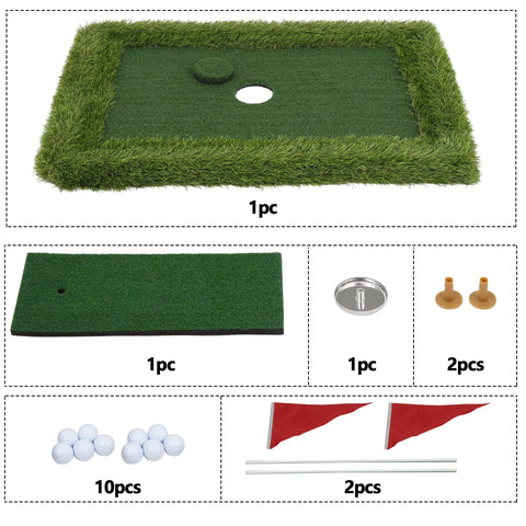 Floating Golf Green Set For Poolside Fun And Outdoor Play With Chipping Mat And Training Accessories 2 In 1 Golf Game For 2 To 4 Players Includes 24x35 Inch Pool Green 8x20 Chipping Mat 10 Balls 2 Tees And Flags image showing components