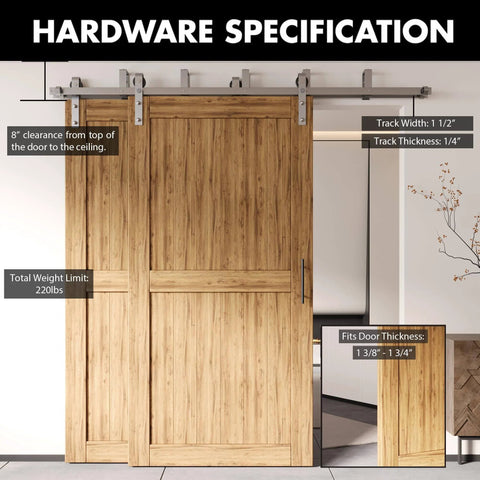 Brushed Nickel Double Track U Shape Bypass Sliding Barn Door Hardware Kit For Two Doors 5.5 Ft installed in living room