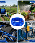 Heavy Duty 5/8 Inch Silicone Heater Hose 16 Foot Long High Temp Reinforced Radiator Line in blue color, coiled for easy storage.
