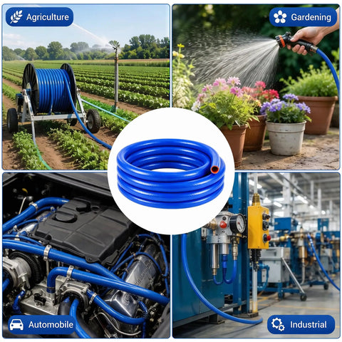 Heavy Duty 5/8 Inch Silicone Heater Hose 16 Foot Long High Temp Reinforced Radiator Line in blue color, coiled for easy storage.