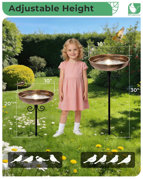 Durable Metal Bird Bath With Stake, 10 Inch Diameter Bowl, 0.4 Gallon Capacity in garden with child, showing adjustable height.