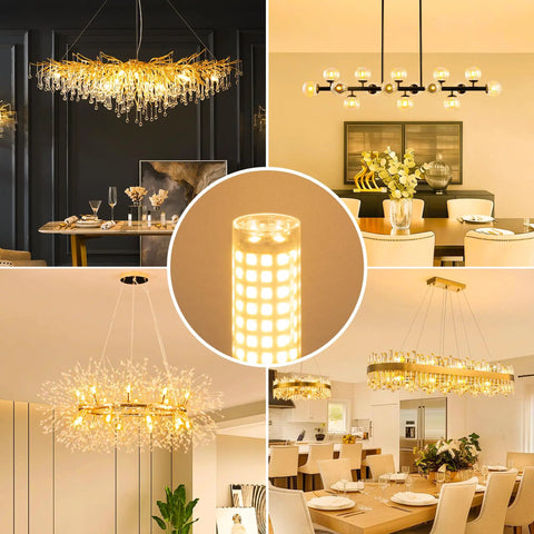 Collage of chandeliers illuminated by G9 LED Bulbs 6W Soft White 3000K Bi Pin Base 600LM 60W Halogen Equivalent Ceramic Base