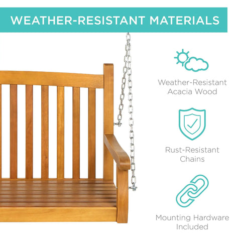 Side view of 48 Inch Wood Porch Swing For Outdoor Patio Hanging Bench Chair For Deck, Garden, And Yard With Mounting Chains, Brown.
