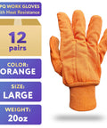 Badass Heat Resistant Work Gloves, High Visibility Orange Cotton And Polyester Blend With Secure Knit Wrist, Massive Pack Of 24, large size.