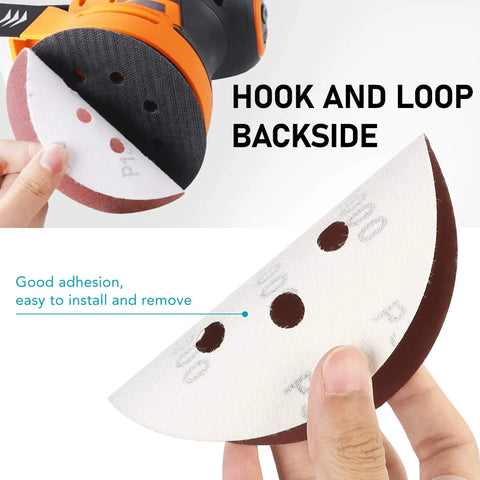110 Pack 5 Inch 8 Hole Sanding Discs Set With Hook And Loop Aluminum Oxide Pads, shown with hook and loop backing detail