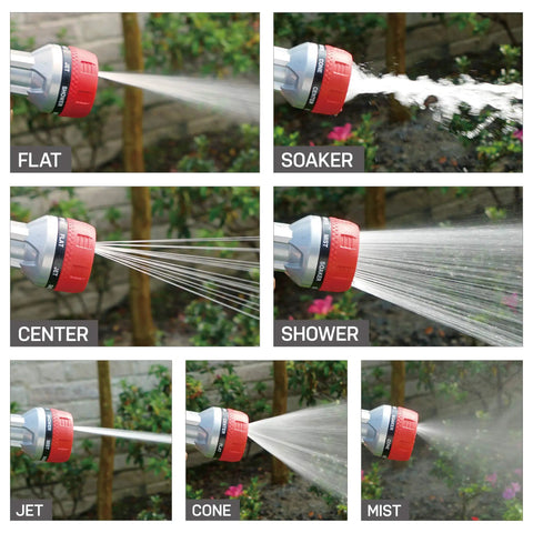 Heavy Duty Metal Garden Hose Nozzle With Grip Friendly Thumb Control And Quick Connect 7 Adjustable Patterns shown in use
