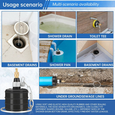 2 Pack Rubber Test Ball Pipe Plug For Sewer Drain And Bathroom Leak Detection 1.75 Inch Non Inflated Expands To 2.25 Inch At 40 PSI With Chain And Large Pull Ring in various usage scenarios like shower drain, toilet tee, basement drains, and underground lines.