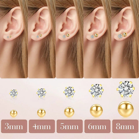 Allergen Free Stainless Steel Stud Earrings Set For Women, 10 Pairs Including Five 316L Ball Studs And Five 5A Plus Cubic Zirconia Pairs, Hypoallergenic Surgical Grade, 3mm Size, Everyday Sparkle You Can Rock. 3mm-8mm gold stud set