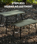 Grab And Go Tactical Camping Table With Adjustable Height From 14 To 23 Inches shown at 14.2 and 21.3 inches in a forest setting.