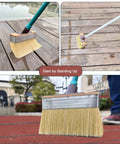 Giant 7 Inch Deck Stain Brush with Threaded Handle for Extension Pole, applying stain on wooden decks, includes close-up angle.