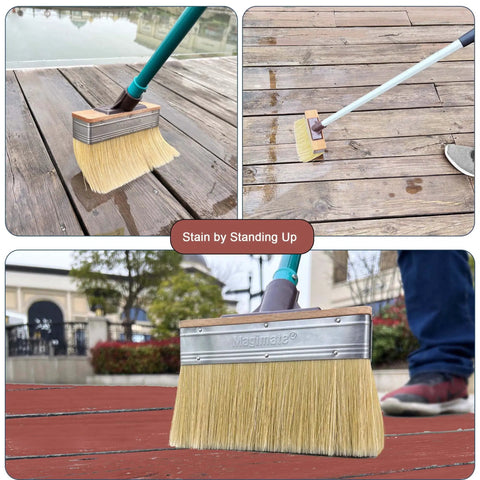 Giant 7 Inch Deck Stain Brush with Threaded Handle for Extension Pole, applying stain on wooden decks, includes close-up angle.