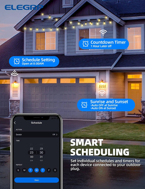 Weatherproof Outdoor Smart Plug IP66 With 2 Independent Sockets No Fuss WiFi Enabled Plug Connects With Alexa And Google Assistant Perfect For Patio String Lights And Outdoor Decor UL Certified 2 Pack Black controlling outdoor lighting shown on phone app.
