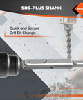 AV Steel 5-piece SDS-Plus drill bit set with carbide tips and storage case, close-up of twist drill bit in chuck