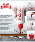 All In One Floor Repair Adhesive For Loose Hollow Tiles And Creaky Wood From A Simple Squeeze Tube With Precision Tip Drill And Fill No Mess Easy To Use For DIY And Pro Grade Installations Made In The USA Fix Floors Fast And Durable squeeze tube shown with labeled precision tip features.