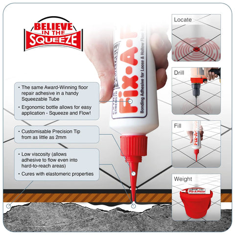All In One Floor Repair Adhesive For Loose Hollow Tiles And Creaky Wood From A Simple Squeeze Tube With Precision Tip Drill And Fill No Mess Easy To Use For DIY And Pro Grade Installations Made In The USA Fix Floors Fast And Durable squeeze tube shown with labeled precision tip features.