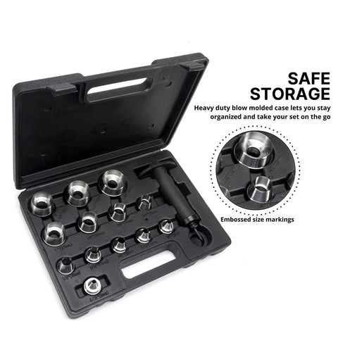 14 Piece Hollow Hole Punch Kit For Gaskets, Leather And Foam, SAE And Metric Sizes in black carrying case with handle