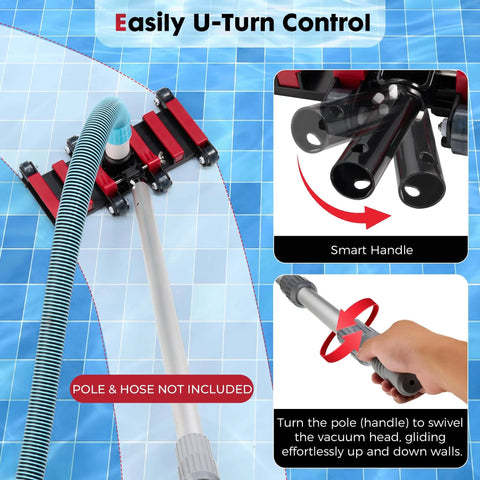 Commercial Grade Pool Vacuum Head With Wheels 14 Inch Extra Wide Heavy Duty Vacuum Cleaner with handle attachment on pool surface