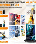 80 Inch Foldable Led Display Featuring Seamless Splicing P1.86 Pixel Pitch Digital Signage Totem with Smartphone & computer control options.