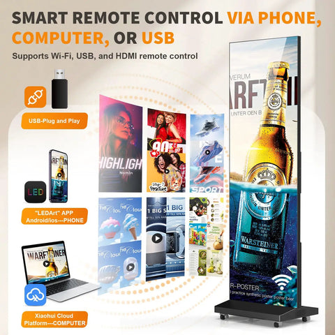80 Inch Foldable Led Display Featuring Seamless Splicing P1.86 Pixel Pitch Digital Signage Totem with Smartphone & computer control options.