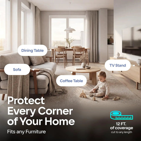 No Sweat Heavy Duty Edge Protector For Baby Proofing Main Home With Grip Tight 3M Tape And Waterproof Non Toxic Foam Padding For Sharp Furniture Corners Rugged Toddler Safe Wall Edge Wrap In Rich Black shown in a modern living room.