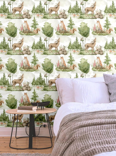 Peel And Stick Wallpaper With Cute Animals In A Green Forest Self Adhesive Wall Mural in a cozy bedroom setting.