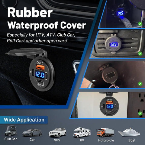 78W Triple Port Car Charger With Dual PD USB Fast Charging No Sweat Design mounted in vehicle with waterproof cover and voltage meter.