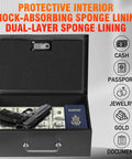 Portable Fireproof Document Safe Box With A 3 Digit Combination Lock For Valuables And Papers Like Passports Cash And Tablets, open view showing interior contents like cash, passport, and pistol.