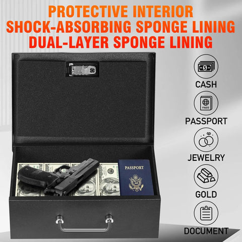 Portable Fireproof Document Safe Box With A 3 Digit Combination Lock For Valuables And Papers Like Passports Cash And Tablets, open view showing interior contents like cash, passport, and pistol.