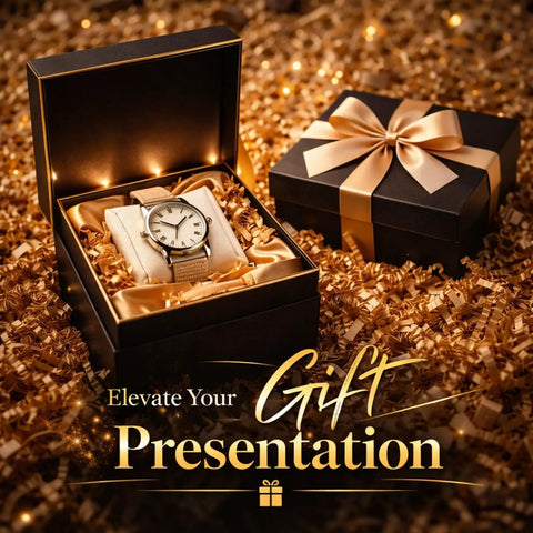 Watch gift box on brown crinkle paper filler for gift baskets and boxes 5oz festive shredded paper stuffing for holidays.