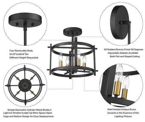 Round Semi Flush Mount Ceiling Light In Black Finish For Living Room Bedroom Kitchen And Hallway, Ultra Sleek Dope Chandelier With E12 Base, UL Listed