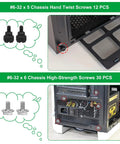 350 Piece Computer Screw Kit With Universal Motherboard Standoffs Set Dope For DIY PC Build And Repair 6-32 To M3 Standoffs image showing different screw types and installation on PC chassis.