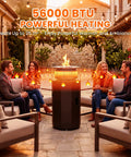 Outdoor Patio Heater And Smokeless Fire Pit 2 In 1 Propane Heater With 56,000 BTU in use for backyard hangouts with people seated around.