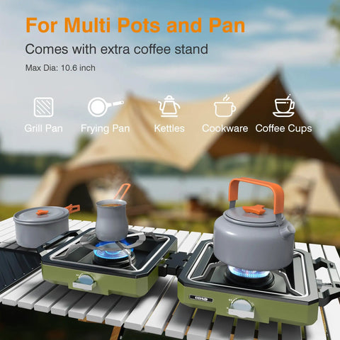 Two Burner Camping Stove With Windshield 20000 BTU Propane Camp Stove Portable Folding Gas Stove Includes Frying Pan Coffee Stand And Carry Bag Green Bundle, with cookware on stovetop in a camping setting.
