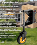4 Inch Gate Wheel With Spring Loaded Absorbing Solid Rubber Tire For Wooden Fence Gates 260 Lbs Capacity No Tools Needed For Quick Mount Includes Screws And Screwdriver Black Left Orientation installed on a wooden gate bracket