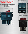 Heavy Duty 30A 250V DPST Rocker Switch 4 Pin Red Lighted On Off Toggle For 120V Or 240V Use, High Current 30 Amp Rating, Dual Pole Single Throw Switch, T125 Temperature Range Minus 25 To 85 Celsius, 2 Pack showing 30x22mm dimensions