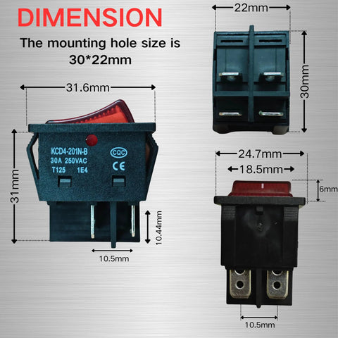 Heavy Duty 30A 250V DPST Rocker Switch 4 Pin Red Lighted On Off Toggle For 120V Or 240V Use, High Current 30 Amp Rating, Dual Pole Single Throw Switch, T125 Temperature Range Minus 25 To 85 Celsius, 2 Pack showing 30x22mm dimensions