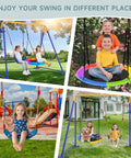 Two In One Backyard Swing Set With Platform And Belt Swings, kids playing outdoors on blue swingset with heavy duty metal frame.
