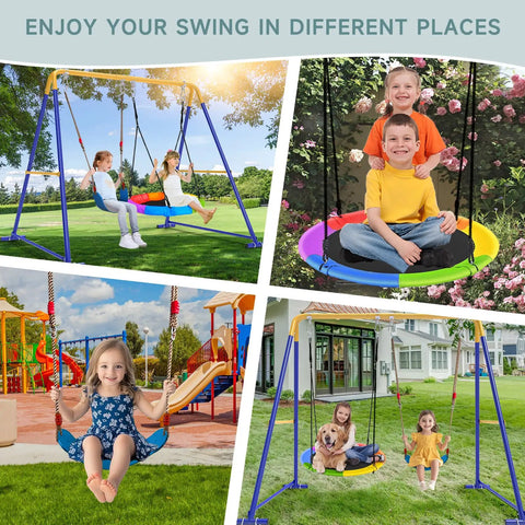 Two In One Backyard Swing Set With Platform And Belt Swings, kids playing outdoors on blue swingset with heavy duty metal frame.