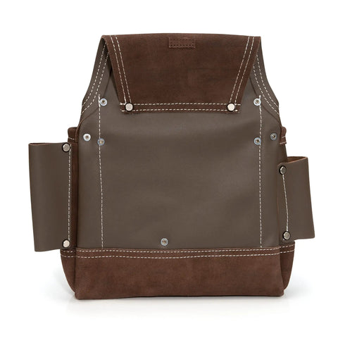 Nine Pocket Full Leather Framer Pouch Brown With Wet Formed Hammer Holder, front view with rivet-reinforced corners and tool loops