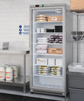 Chill Out In Style 21 Cu Ft Commercial Freezer With Glass Door displaying frozen goods and containers in a commercial kitchen.
