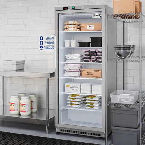 Chill Out In Style 21 Cu Ft Commercial Freezer With Glass Door displaying frozen goods and containers in a commercial kitchen.