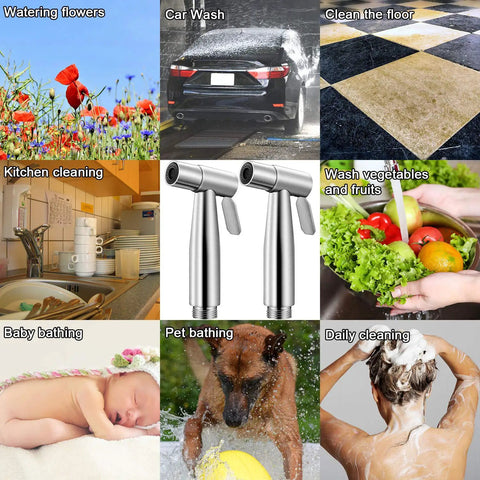 Two Pack Stainless Steel Handheld Bidet Spray Heads For Bathroom And Toilet Cleaning 8 Lpm Water Flow Durable 304 Stainless Steel Excludes T Valve Hose Holder Tape shown with versatile uses including car wash, kitchen cleaning, and pet care.