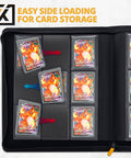 Top Load Card Binder For TCGs And Sports Cards, Holds 252 Toploaders, 9-pocket ringless, easy side loading, open view of pages.
