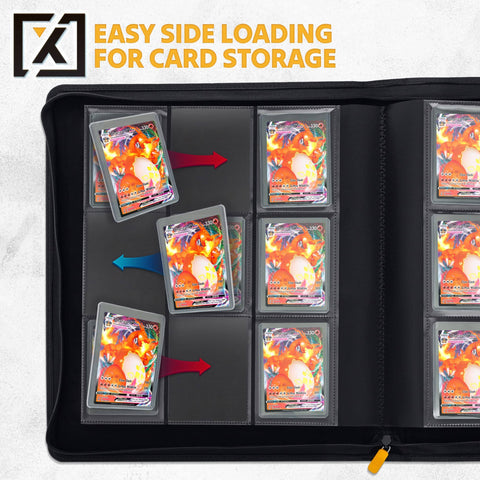 Top Load Card Binder For TCGs And Sports Cards, Holds 252 Toploaders, 9-pocket ringless, easy side loading, open view of pages.