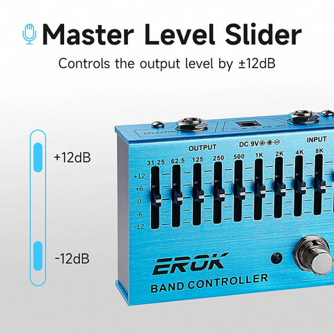 Close-up of the 10 Band EQ Pedal For Electric Guitar And Bass With Independent Per Band Gain, blue, showing master level slider.