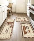 Vintage Coffee Kitchen Floor Mats Rustic Brew Station Rugs Soft Cushioned washable set in beige color for sink and laundry.