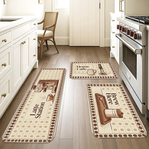 Vintage Coffee Kitchen Floor Mats Rustic Brew Station Rugs Soft Cushioned washable set in beige color for sink and laundry.