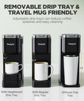 Single Serve Coffee Maker With Built In Detachable Milk Frother For Pods And Grounds No Fuss In Classic Bold Over Ice And Specialty Brew 40 Oz Removable Water Reservoir Six Cup Sizes Fits 7 Point 3 Inch Travel Mug Black showing three adjustable drip tray positions with mugs.