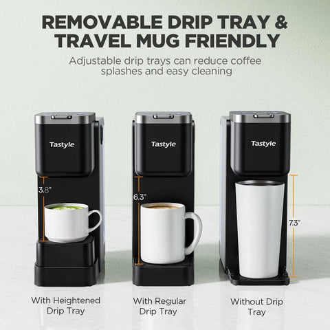 Single Serve Coffee Maker With Built In Detachable Milk Frother For Pods And Grounds No Fuss In Classic Bold Over Ice And Specialty Brew 40 Oz Removable Water Reservoir Six Cup Sizes Fits 7 Point 3 Inch Travel Mug Black showing three adjustable drip tray positions with mugs.