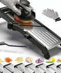 Adjustable Stainless Steel Mandoline Slicer For Kitchen Vegetables With 7 In 1 Blades And Easy Glide Settings Includes Gloves Pusher And Cleaning Brush Non Slip Base For Stable Slicing Onion Potatoes Chips French Fries